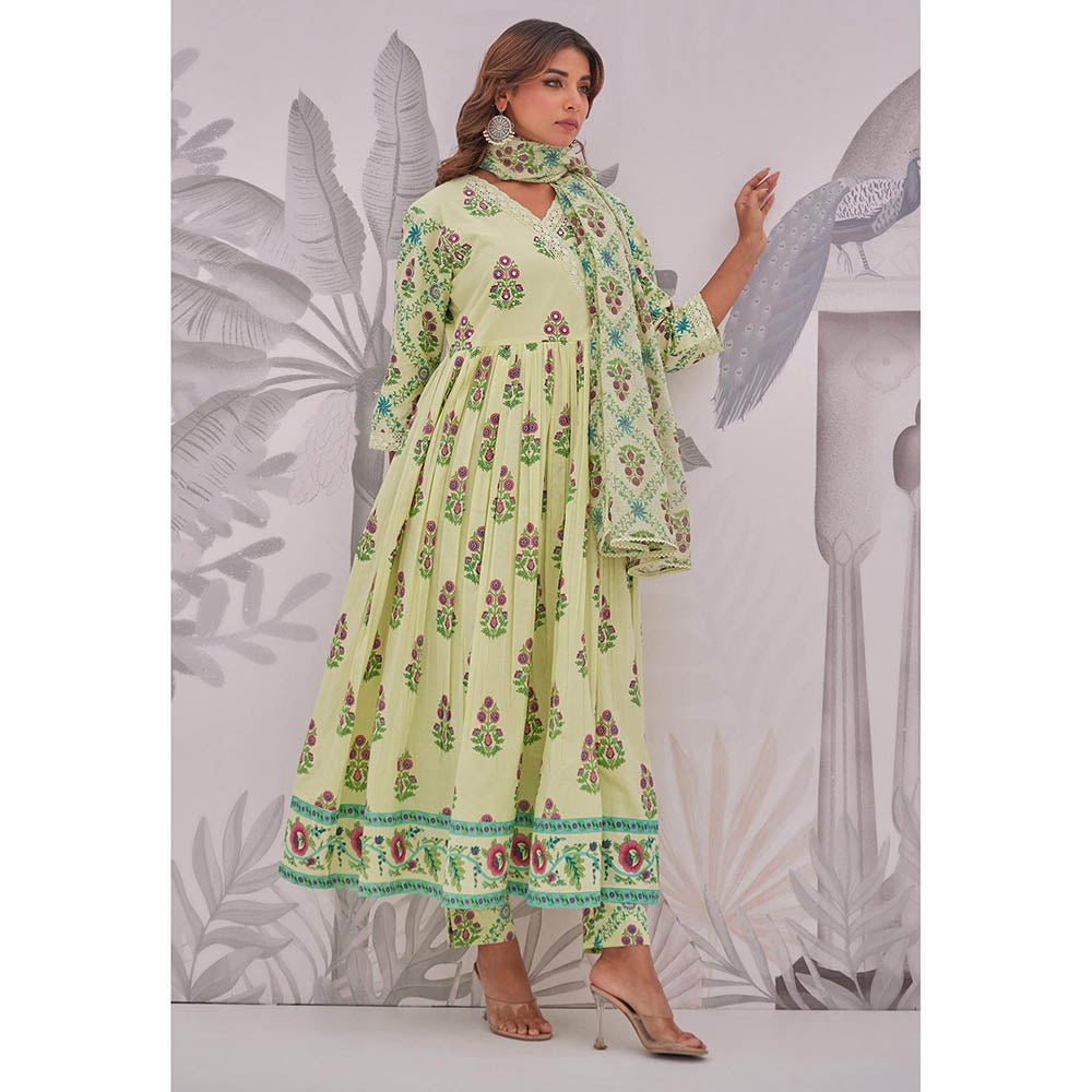 GANGA GRACE Green Floral Printed Cotton Anarkali with Pant and Dupatta
