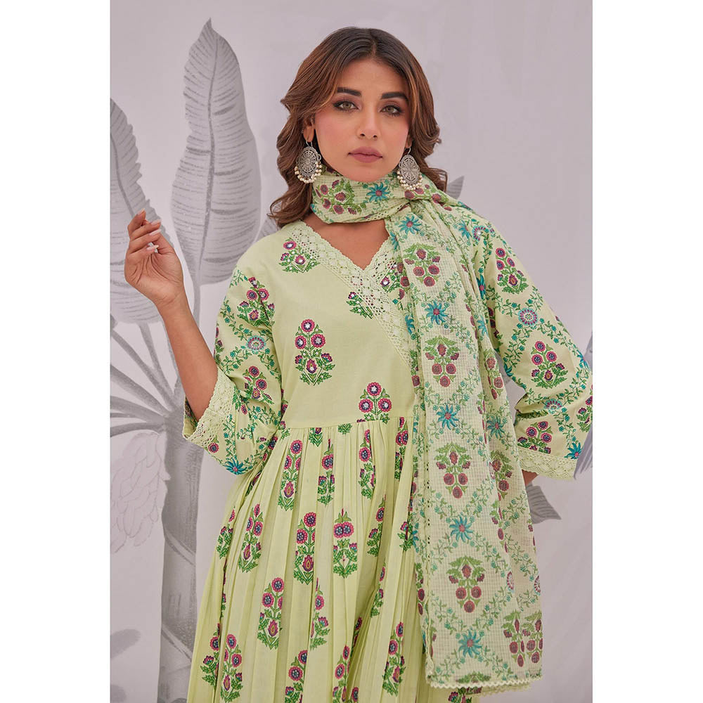 GANGA GRACE Green Floral Printed Cotton Anarkali with Pant and Dupatta