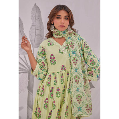 GANGA GRACE Green Floral Printed Cotton Anarkali with Pant and Dupatta