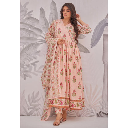 GANGA GRACE Peach Floral Printed Cotton Anarkali with Pant and Dupatta