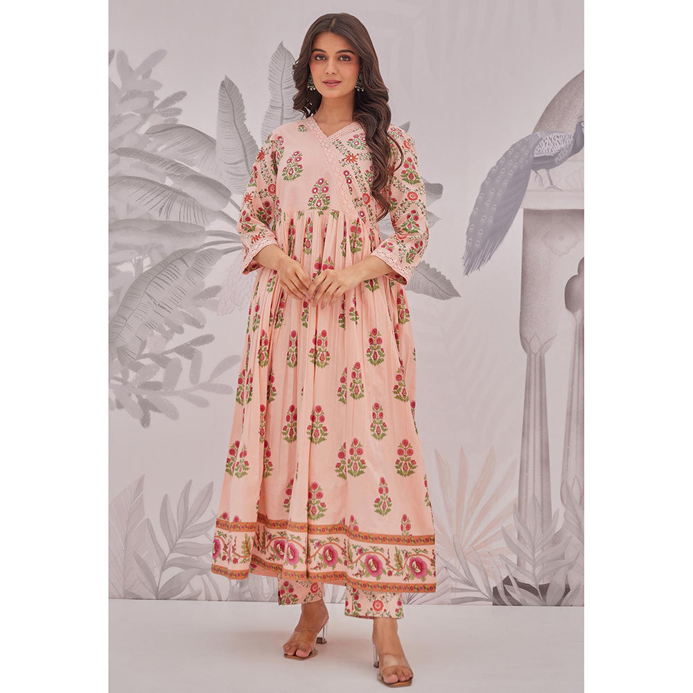 GANGA GRACE Peach Floral Printed Cotton Anarkali with Pant and Dupatta