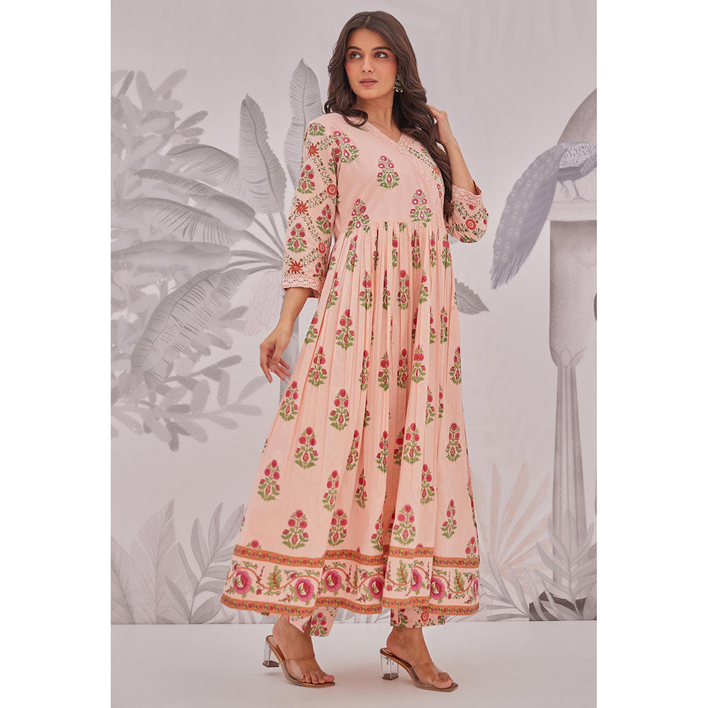 GANGA GRACE Peach Floral Printed Cotton Anarkali with Pant and Dupatta