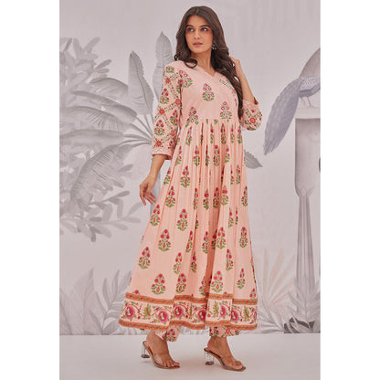 GANGA GRACE Peach Floral Printed Cotton Anarkali with Pant and Dupatta