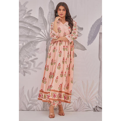 GANGA GRACE Peach Floral Printed Cotton Anarkali with Pant and Dupatta