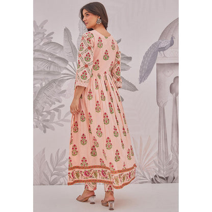 GANGA GRACE Peach Floral Printed Cotton Anarkali with Pant and Dupatta