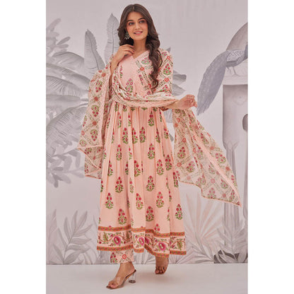 GANGA GRACE Peach Floral Printed Cotton Anarkali with Pant and Dupatta