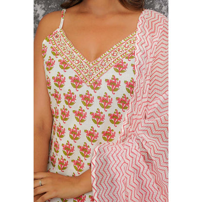 GANGA GRACE White Floral Printed Cotton Kurta with Pant and Dupatta