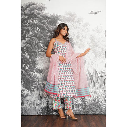 GANGA GRACE White Floral Printed Cotton Kurta with Pant and Dupatta