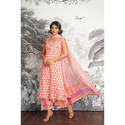 GANGA GRACE Peach Floral Printed Cotton Kurta with Pant and Dupatta