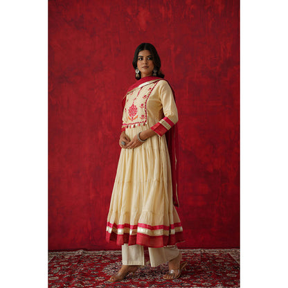 GANGA GRACE Women Cotton Embroidered Cream Anarkali Kurta with Palazzo and Dupatta