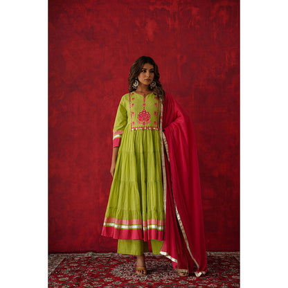 GANGA GRACE Women Cotton Embroidered Green Anarkali Kurta with Palazzo and Dupatta