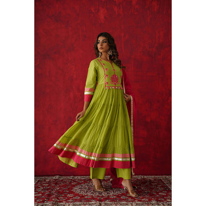 GANGA GRACE Women Cotton Embroidered Green Anarkali Kurta with Palazzo and Dupatta