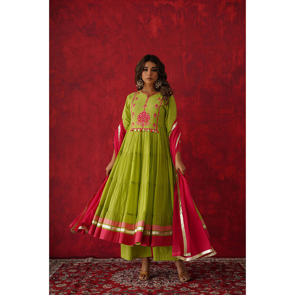 GANGA GRACE Women Cotton Embroidered Green Anarkali Kurta with Palazzo and Dupatta