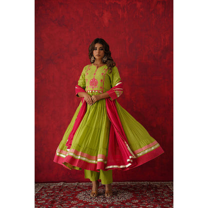 GANGA GRACE Women Cotton Embroidered Green Anarkali Kurta with Palazzo and Dupatta
