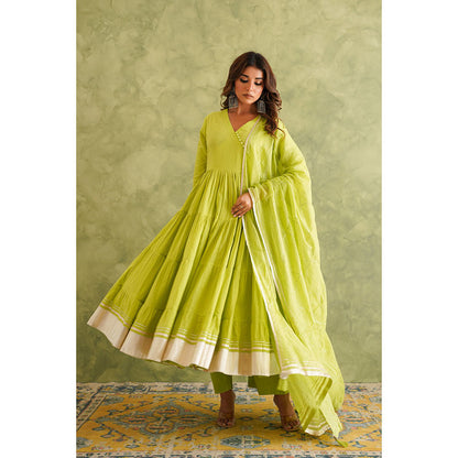 GANGA GRACE Women Cotton Solid Green Angrakha Kurta with Pant and Dupatta