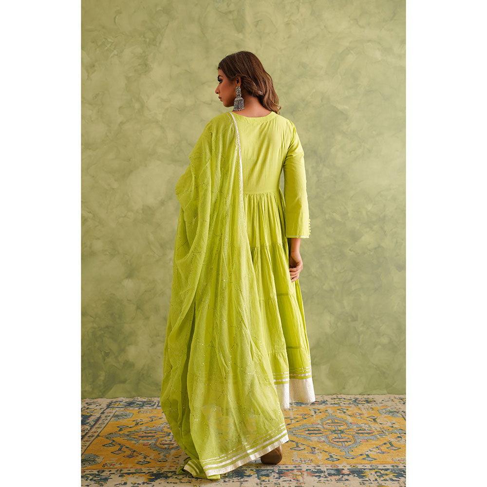 GANGA GRACE Women Cotton Solid Green Angrakha Kurta with Pant and Dupatta