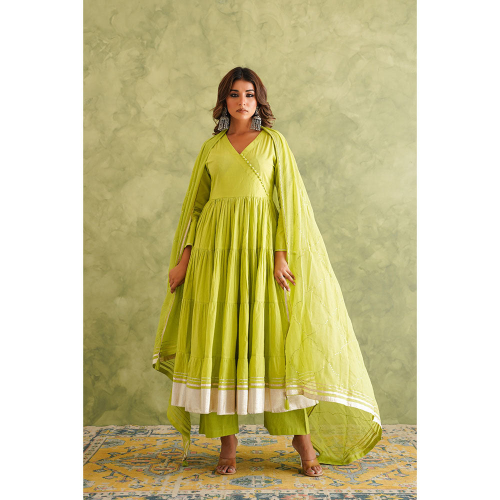 GANGA GRACE Women Cotton Solid Green Angrakha Kurta with Pant and Dupatta