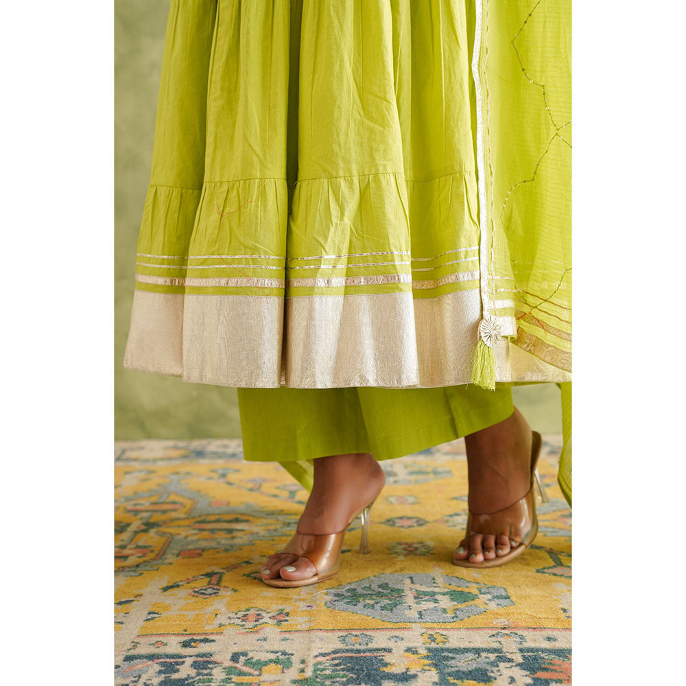 GANGA GRACE Women Cotton Solid Green Angrakha Kurta with Pant and Dupatta