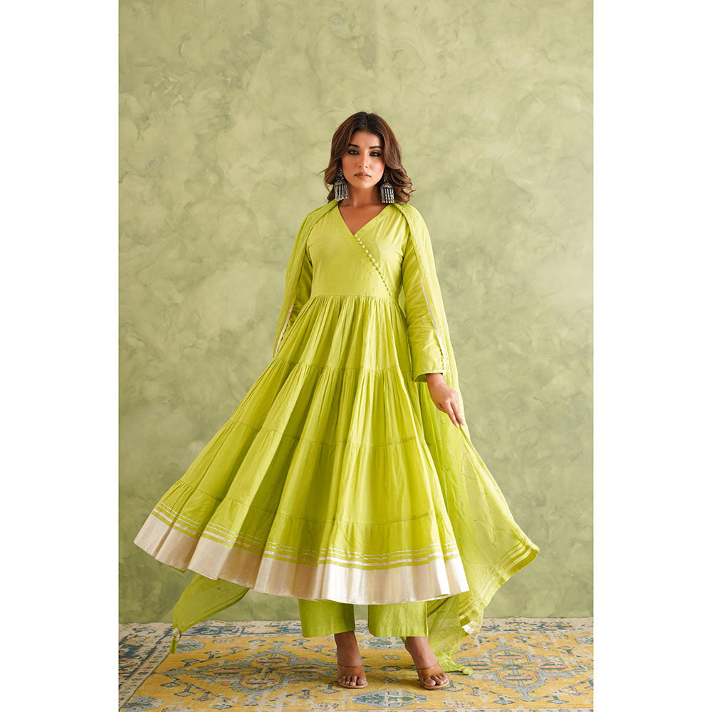 GANGA GRACE Women Cotton Solid Green Angrakha Kurta with Pant and Dupatta