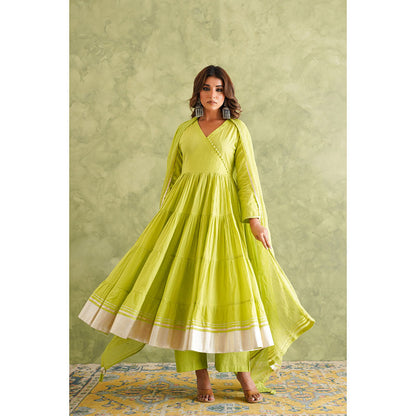 GANGA GRACE Women Cotton Solid Green Angrakha Kurta with Pant and Dupatta
