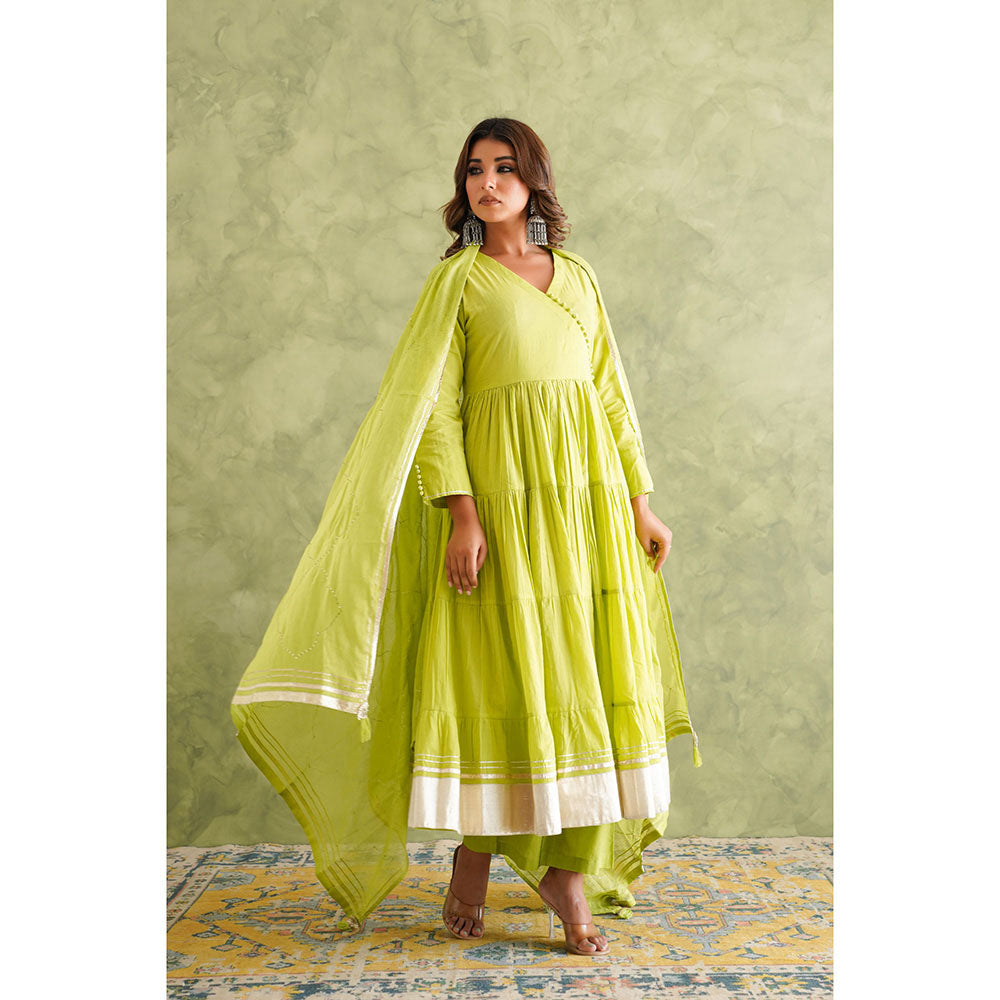 GANGA GRACE Women Cotton Solid Green Angrakha Kurta with Pant and Dupatta