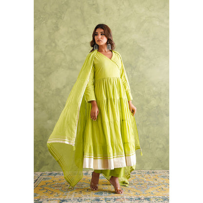 GANGA GRACE Women Cotton Solid Green Angrakha Kurta with Pant and Dupatta