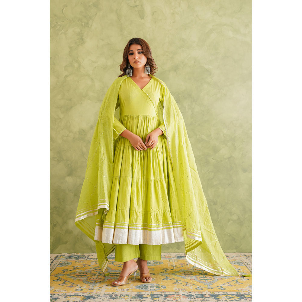 GANGA GRACE Women Cotton Solid Green Angrakha Kurta with Pant and Dupatta