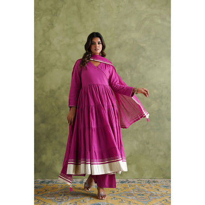 GANGA GRACE Women Cotton Solid Purple Angrakha Kurta with Pant and Dupatta