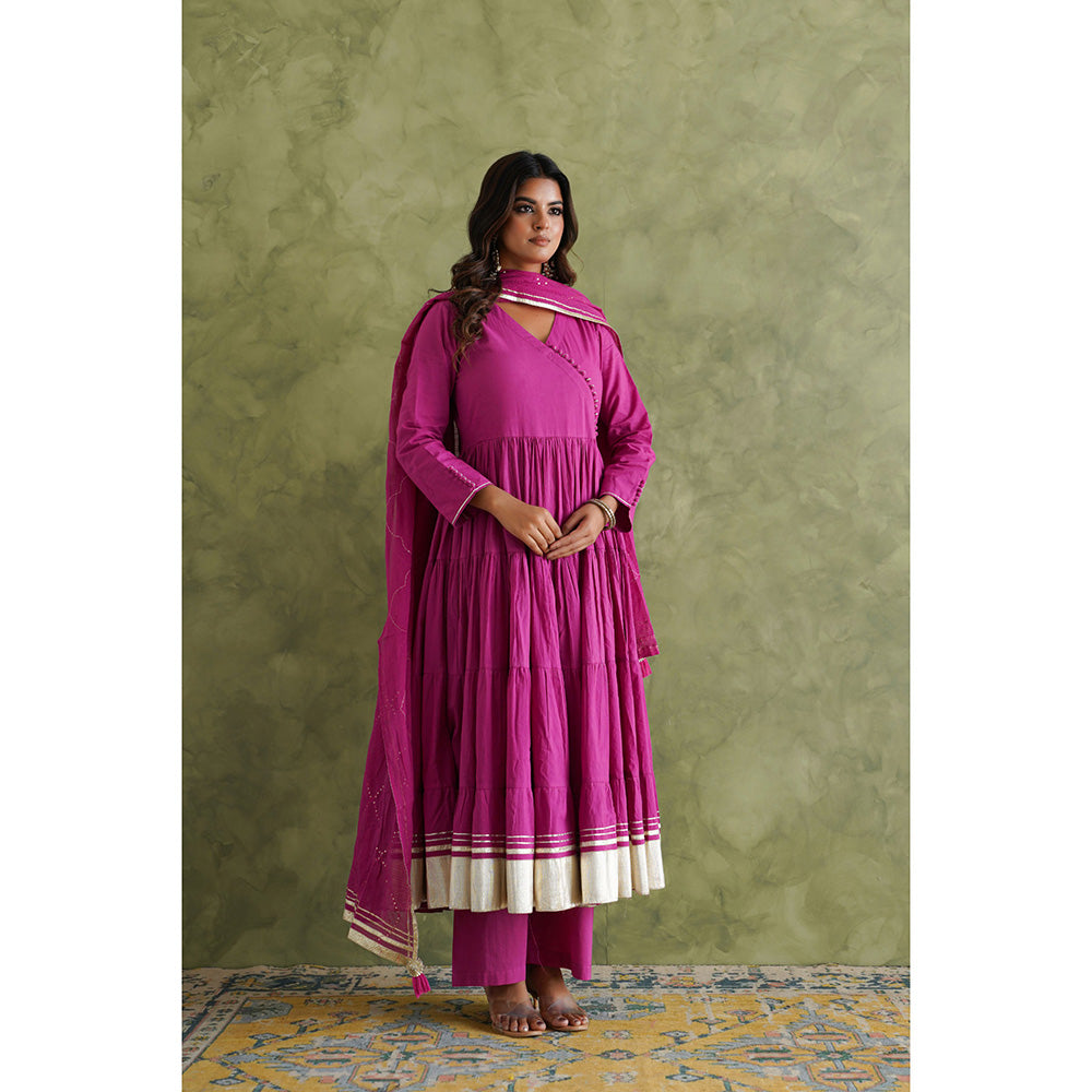 GANGA GRACE Women Cotton Solid Purple Angrakha Kurta with Pant and Dupatta