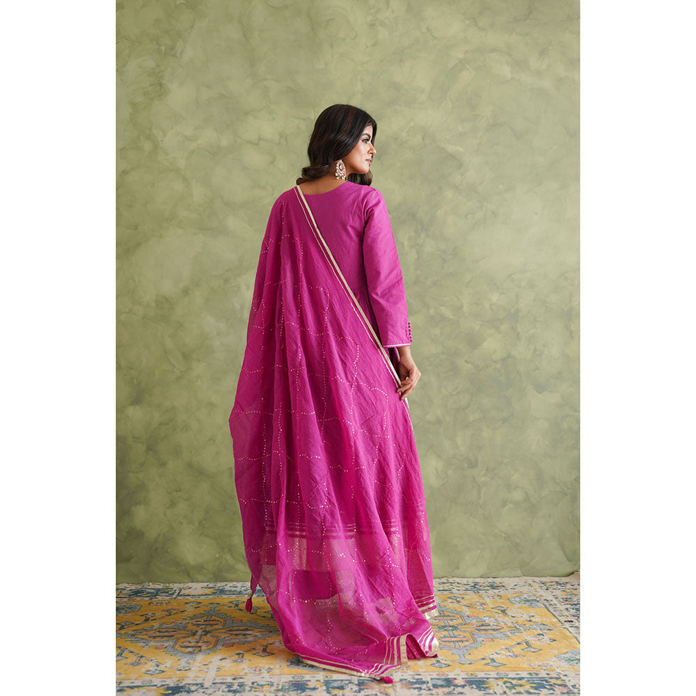 GANGA GRACE Women Cotton Solid Purple Angrakha Kurta with Pant and Dupatta