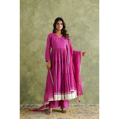GANGA GRACE Women Cotton Solid Purple Angrakha Kurta with Pant and Dupatta