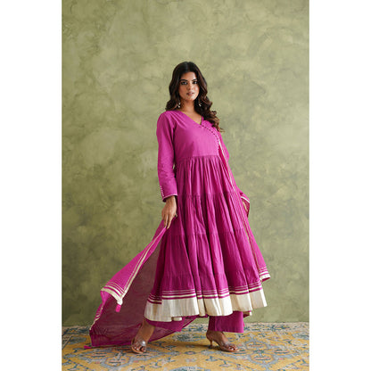 GANGA GRACE Women Cotton Solid Purple Angrakha Kurta with Pant and Dupatta