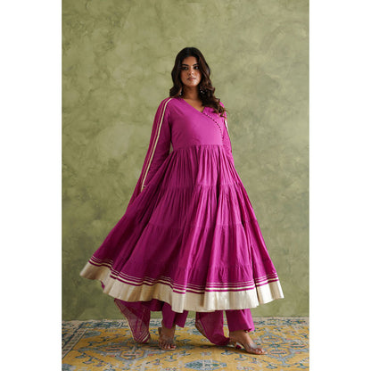 GANGA GRACE Women Cotton Solid Purple Angrakha Kurta with Pant and Dupatta