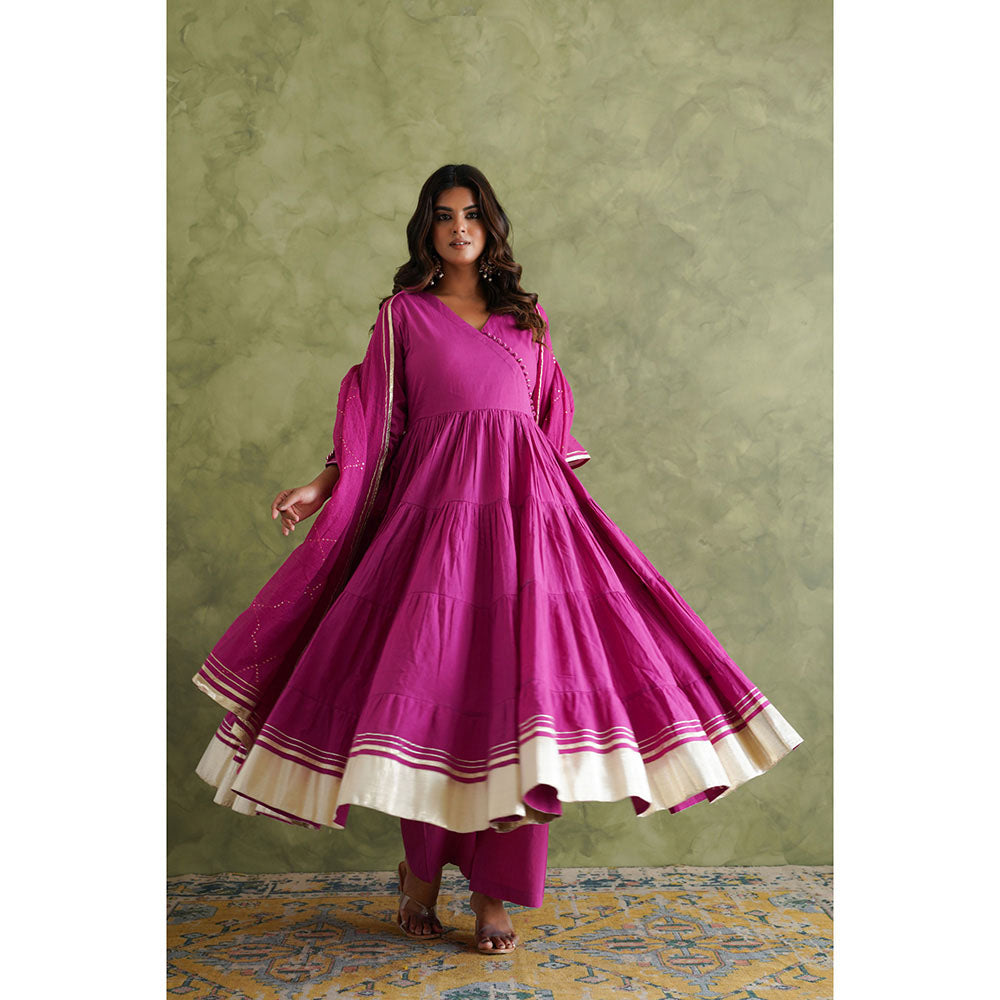 GANGA GRACE Women Cotton Solid Purple Angrakha Kurta with Pant and Dupatta