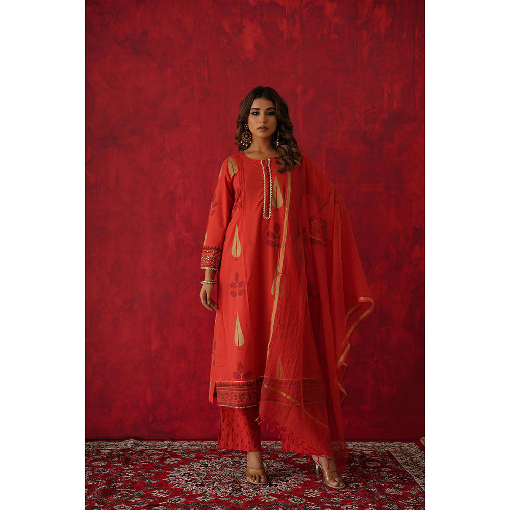 GANGA GRACE Women Cotton Printed Red Kurta with Pant and Dupatta