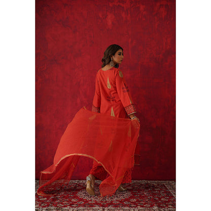 GANGA GRACE Women Cotton Printed Red Kurta with Pant and Dupatta