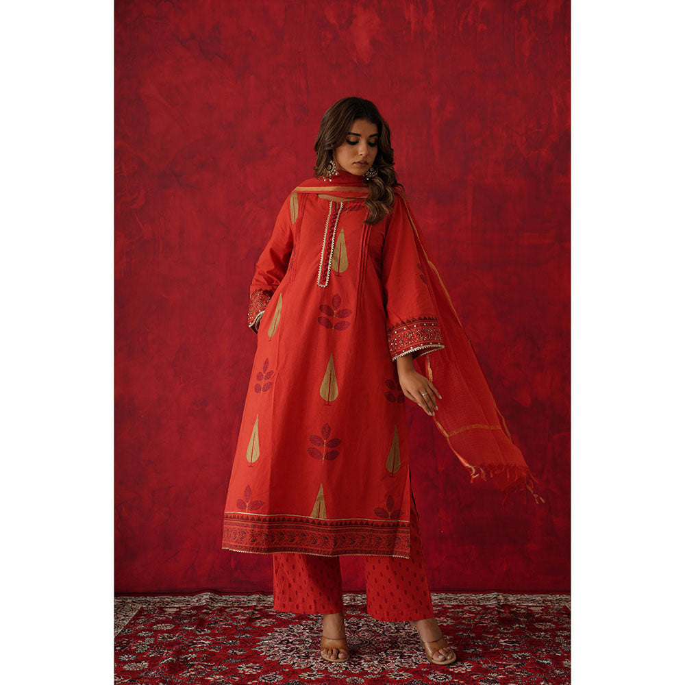GANGA GRACE Women Cotton Printed Red Kurta with Pant and Dupatta