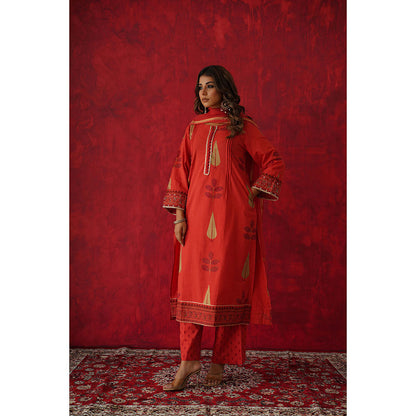 GANGA GRACE Women Cotton Printed Red Kurta with Pant and Dupatta