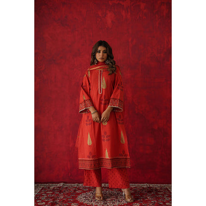 GANGA GRACE Women Cotton Printed Red Kurta with Pant and Dupatta
