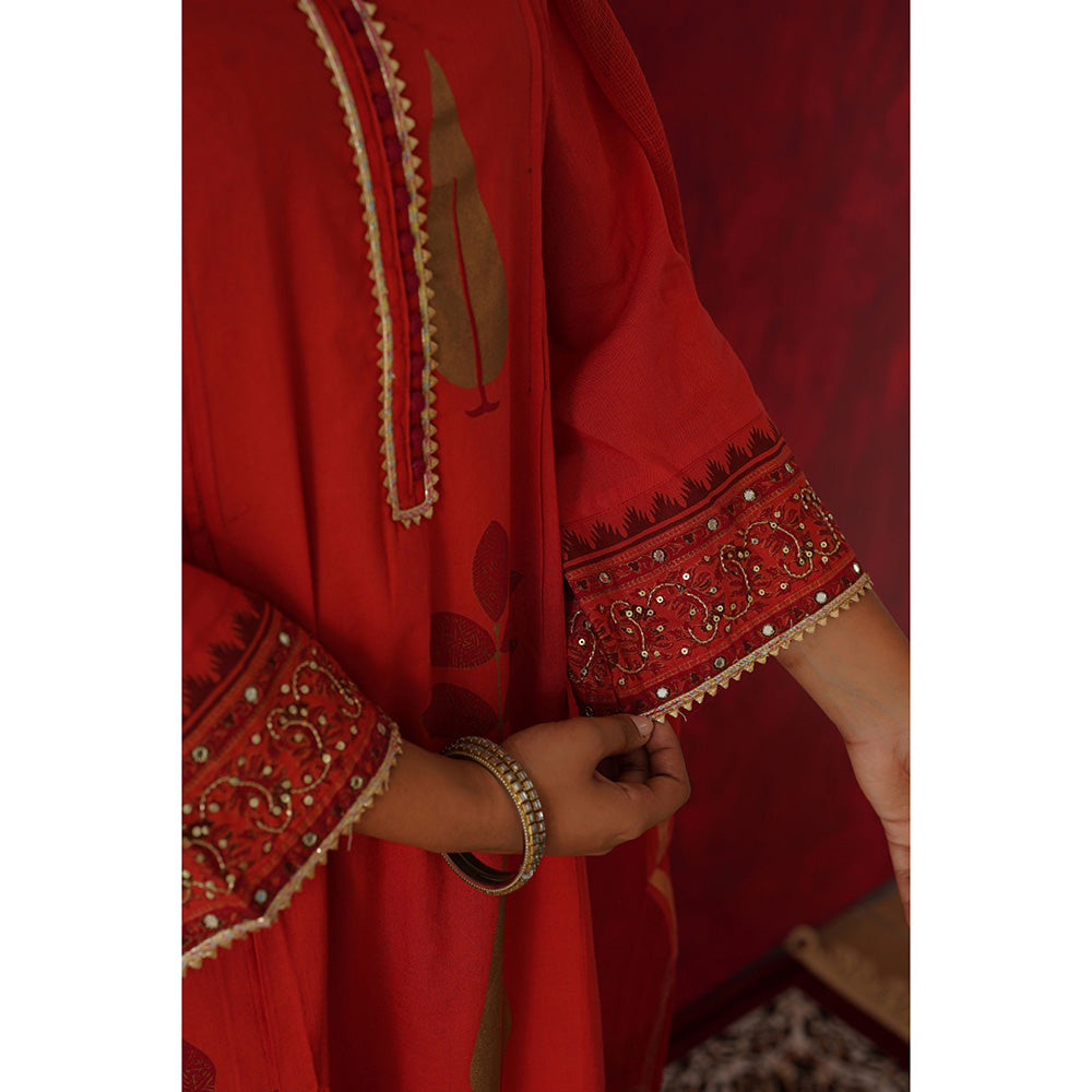 GANGA GRACE Women Cotton Printed Red Kurta with Pant and Dupatta