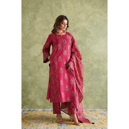 GANGA GRACE Women Cotton Printed Pink Kurta with Pant and Dupatta