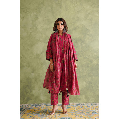 GANGA GRACE Women Cotton Printed Pink Kurta with Pant and Dupatta