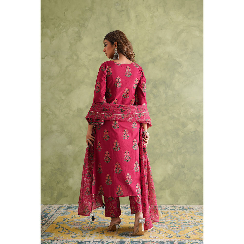 GANGA GRACE Women Cotton Printed Pink Kurta with Pant and Dupatta