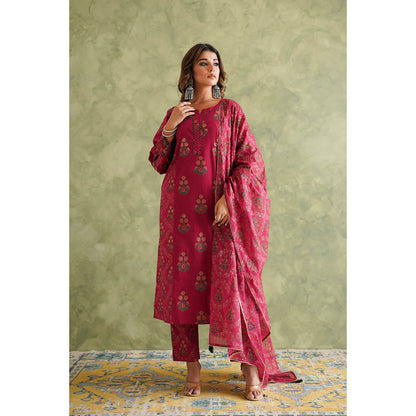 GANGA GRACE Women Cotton Printed Pink Kurta with Pant and Dupatta