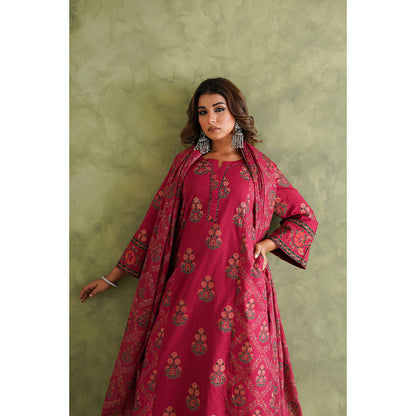 GANGA GRACE Women Cotton Printed Pink Kurta with Pant and Dupatta
