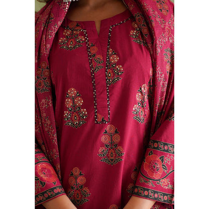 GANGA GRACE Women Cotton Printed Pink Kurta with Pant and Dupatta