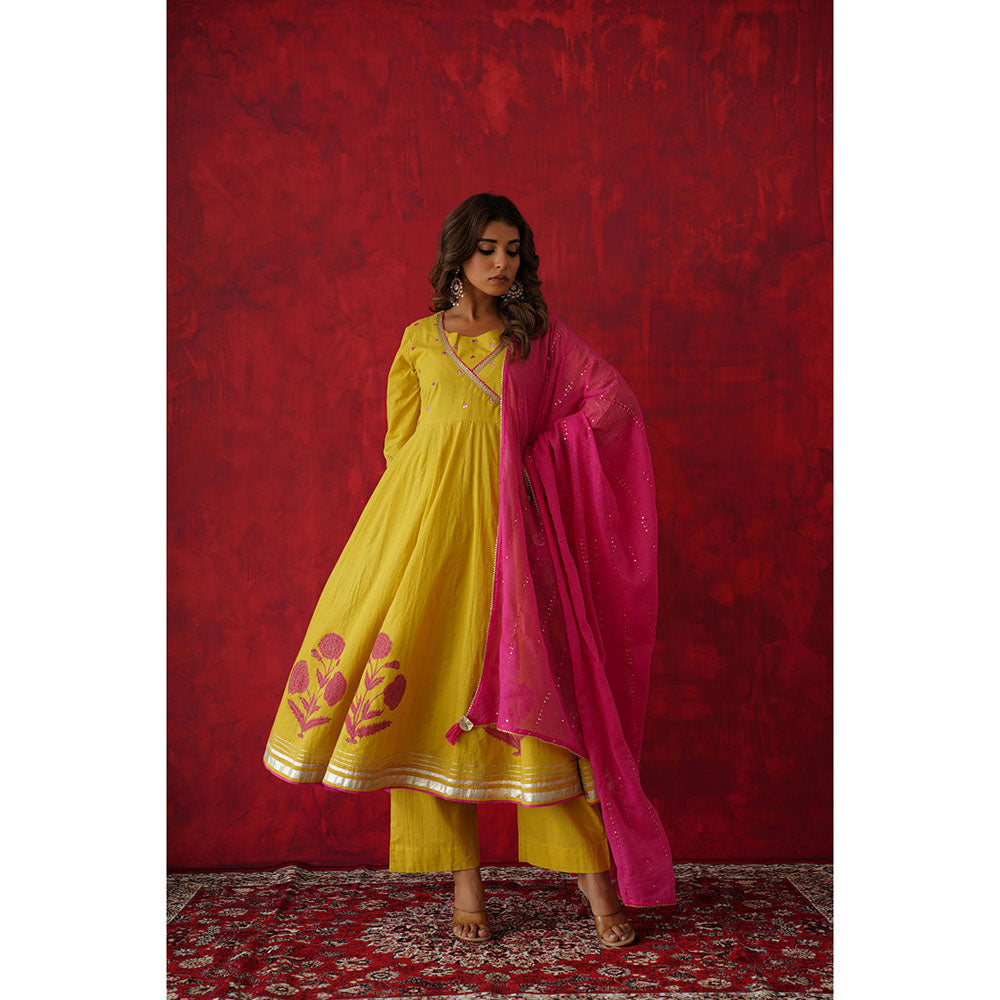 GANGA GRACE Women Cotton Embroidered Yellow Angrakha Kurta with Pant and Dupatta