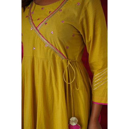 GANGA GRACE Women Cotton Embroidered Yellow Angrakha Kurta with Pant and Dupatta