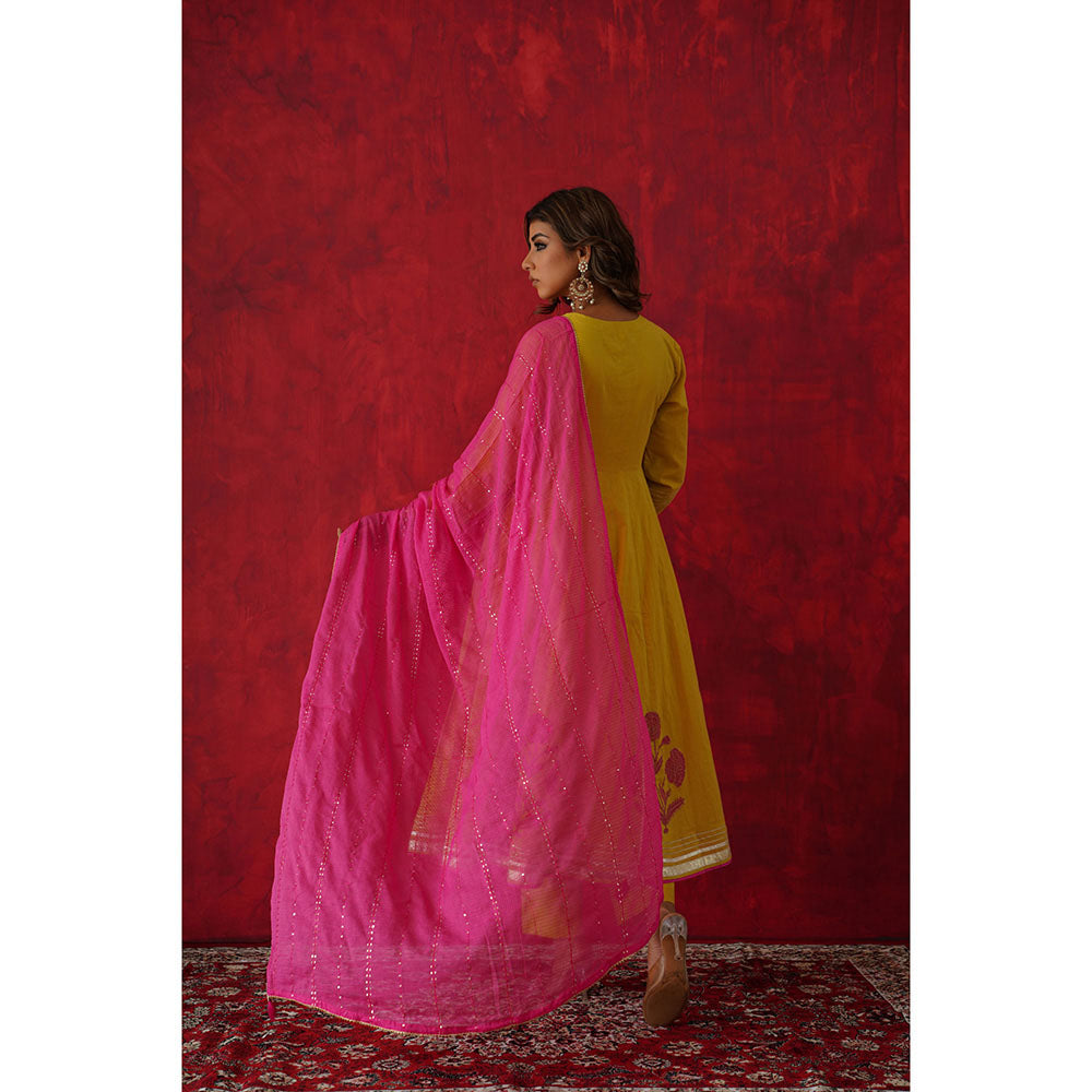 GANGA GRACE Women Cotton Embroidered Yellow Angrakha Kurta with Pant and Dupatta