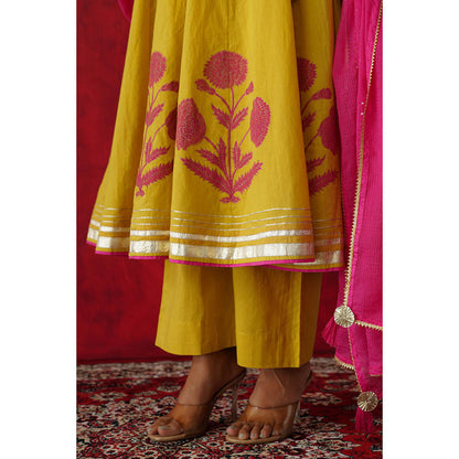 GANGA GRACE Women Cotton Embroidered Yellow Angrakha Kurta with Pant and Dupatta